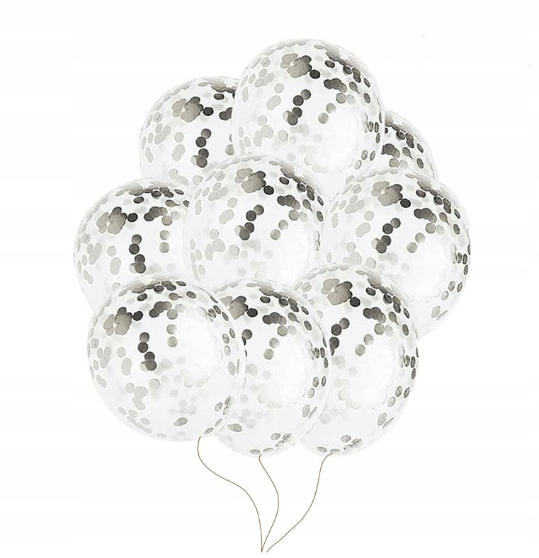 BALONY DUŻE z KONFETTI SREBRNYM 5szt dekoracje na urodziny chrzest ślub