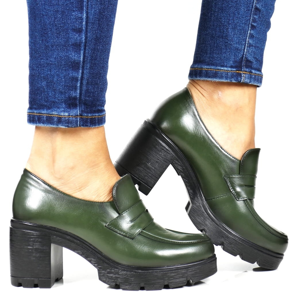 DAMSKIE MOKASYNY NA OBCASIE PÓŁBUTY NA KLOCKU POTOCKI 12154 ZIELONE LICOWE