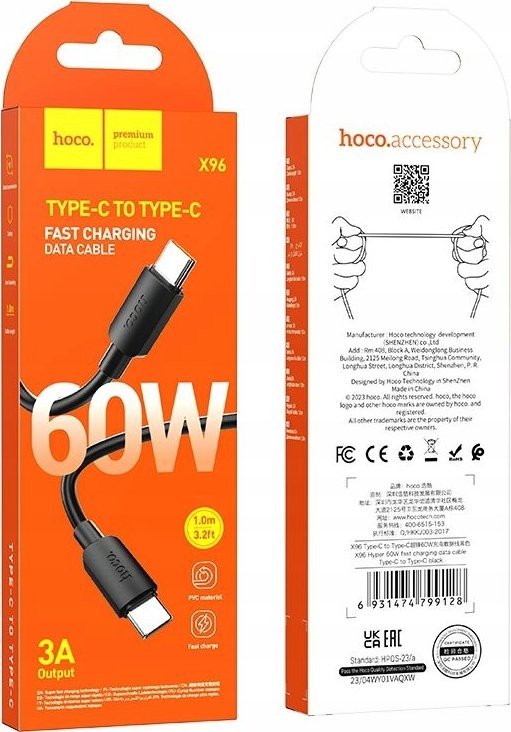 Kabel USB Hoco HOCO kabel Typ C do Typ C PD 3A 60W X96 1 m czarny