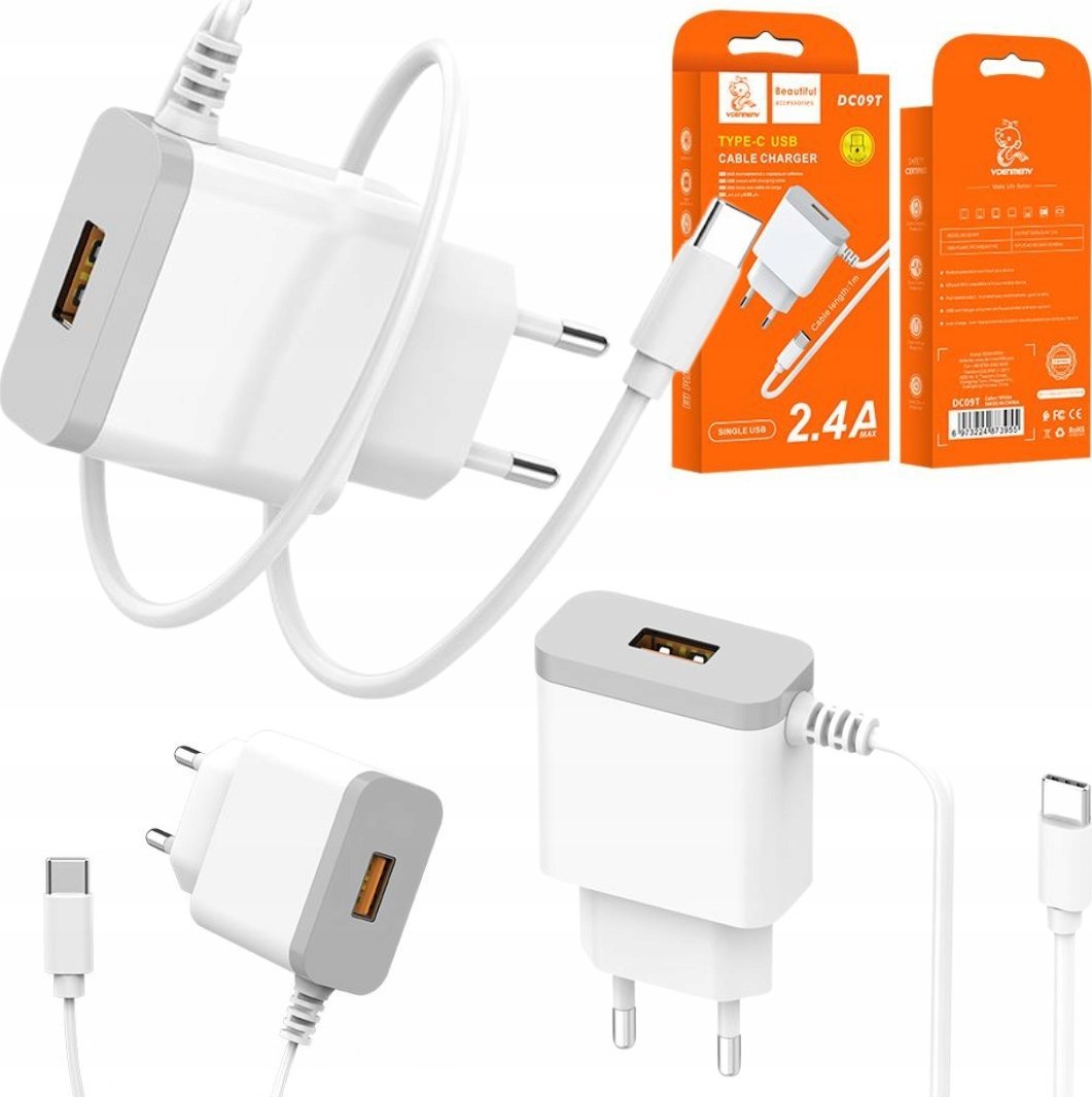 Ładowarka . DENMEN BIAŁA ŁADOWARKA SIECIOWA USB +  KABEL TYP-C DC09T-W