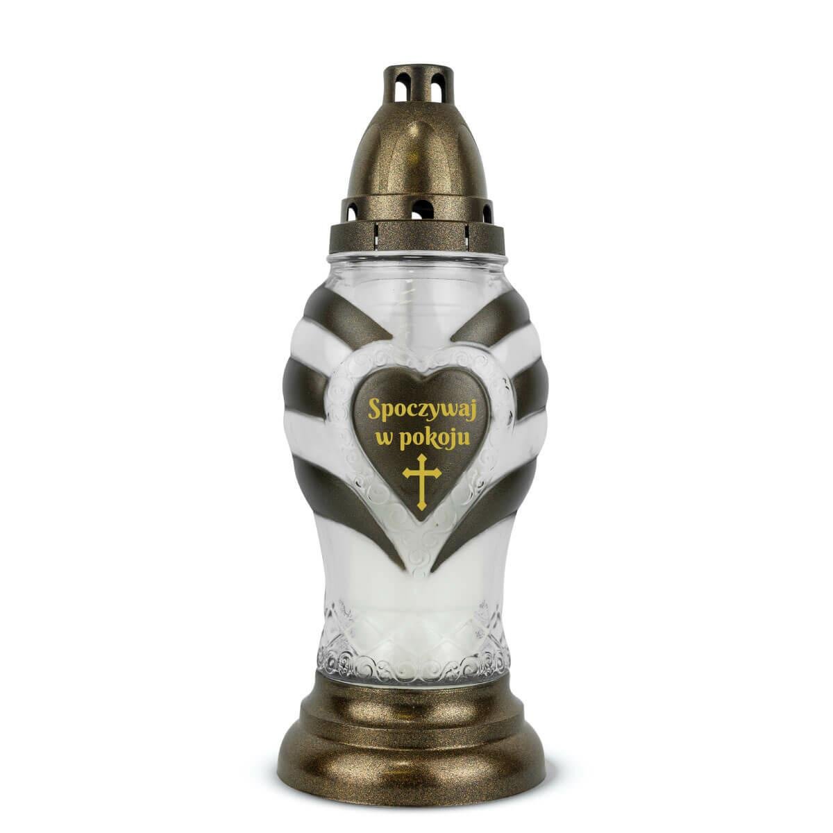 Znicz Szklany 30 cm Złoty DP747 Serce Znicz z Sercem Zdobiony z Sentencją i Wkładem Wymiennym