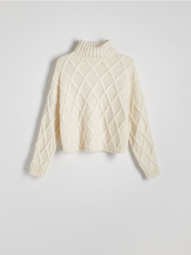 Reserved - Sweter z ozdobnym splotem - złamana biel