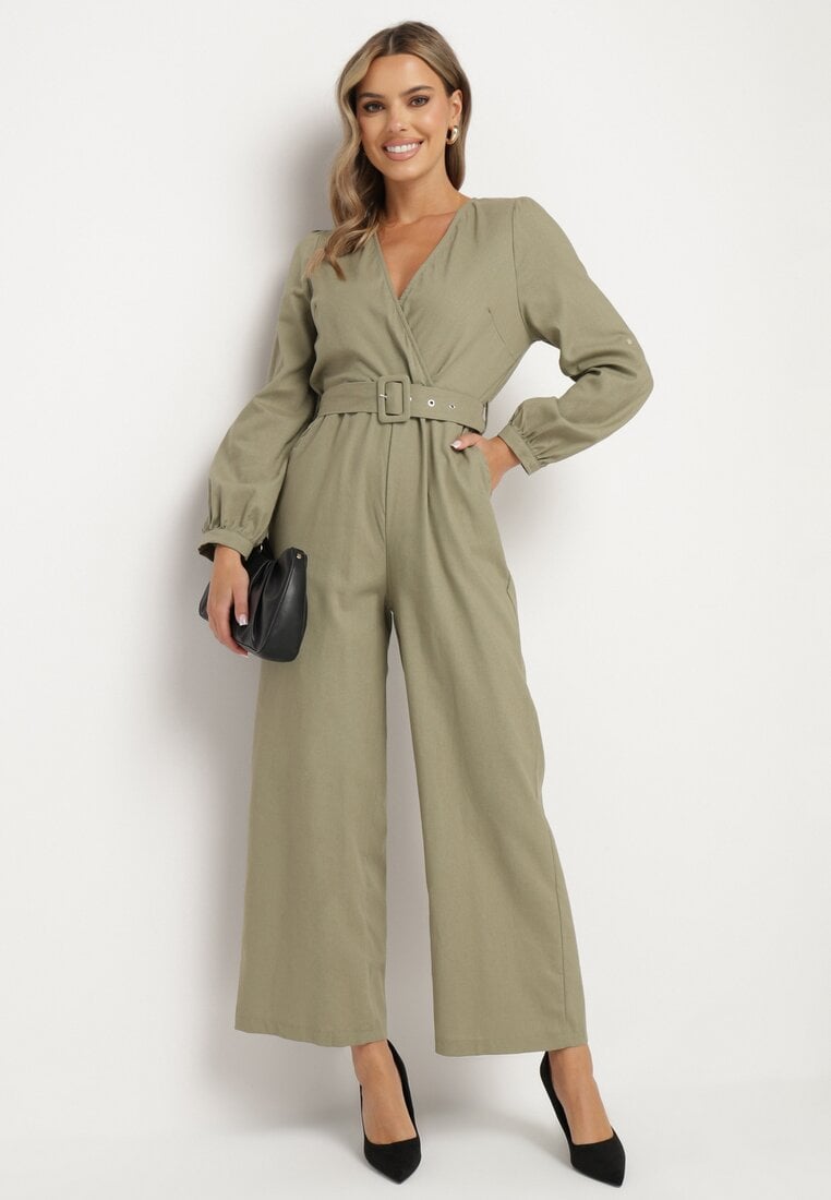Zielony Bawełniany Kombinezon o Kopertowym Kroju z Paskiem i Gumką w Talii Mirrira