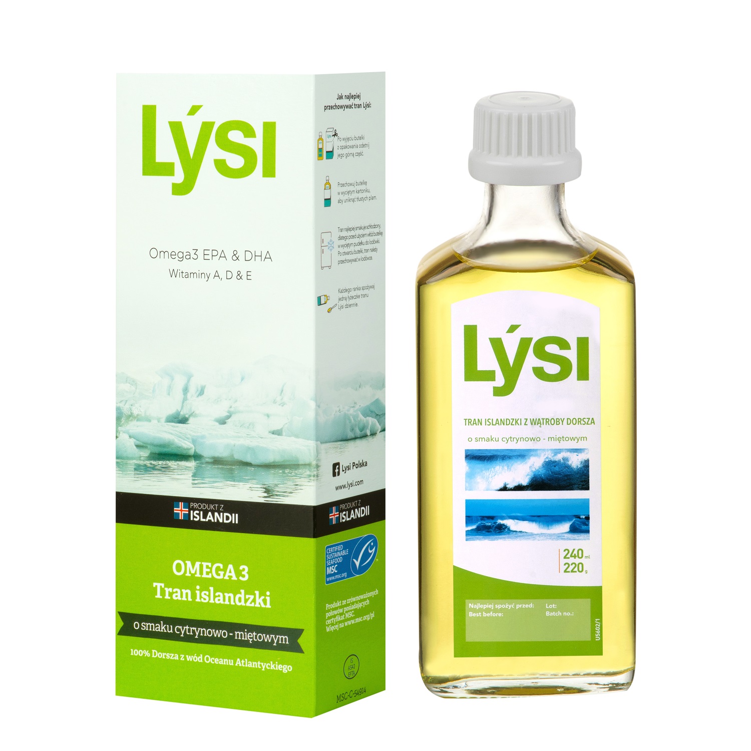 Lysi Tran Islandzki o smaku cytrynowo-miętowym, 240 ml