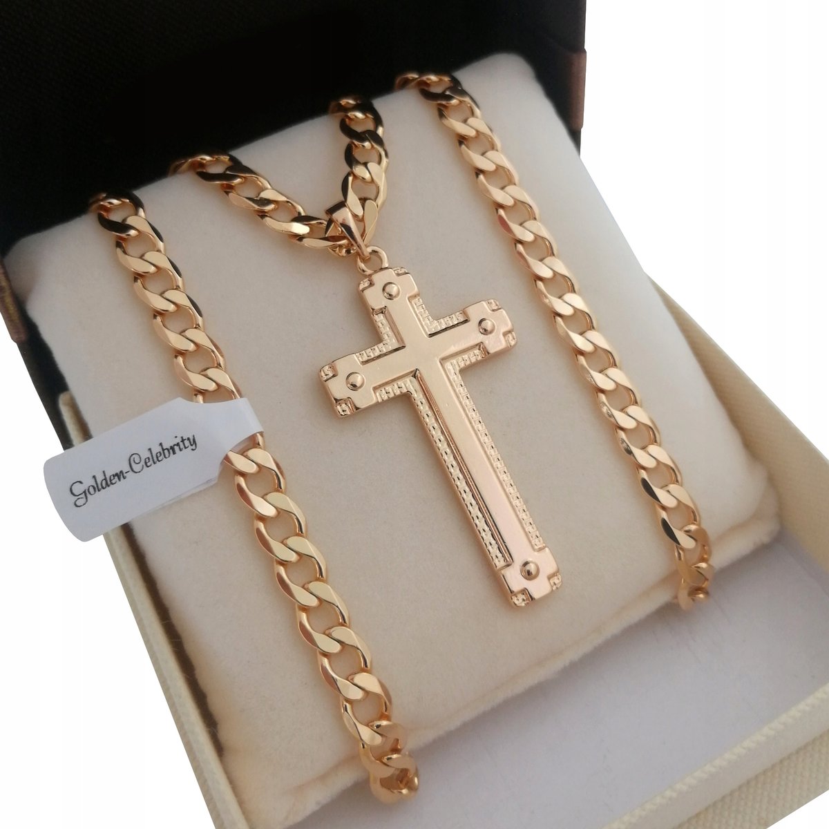 Złoty Łańcuszek Pancerka+Krzyż 50Cm 18K