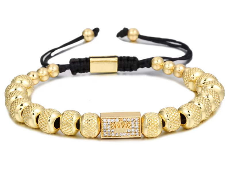 Bransoletka na czarnym sznurku z kulkami prostokąt z koroną i białymi cyrkoniami