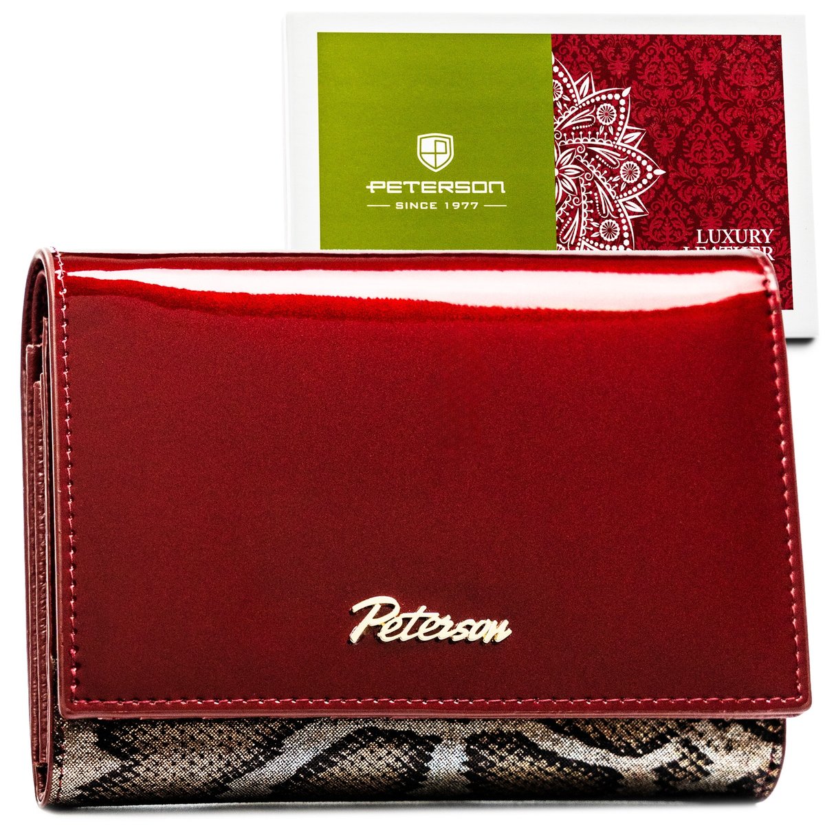 Portfel skórzany damski portmonetka lakierowana na zatrzask bigiel PETERSON