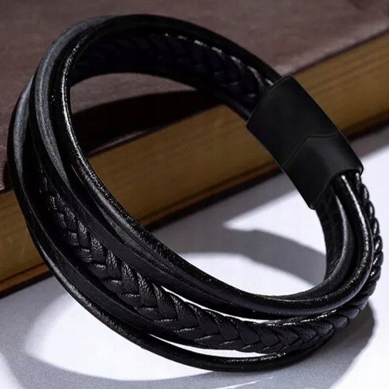 Brasoletka Męska CZARNA SKÓRZANA na rzemyku skóra STAL 316 L, MAGNES 22cm