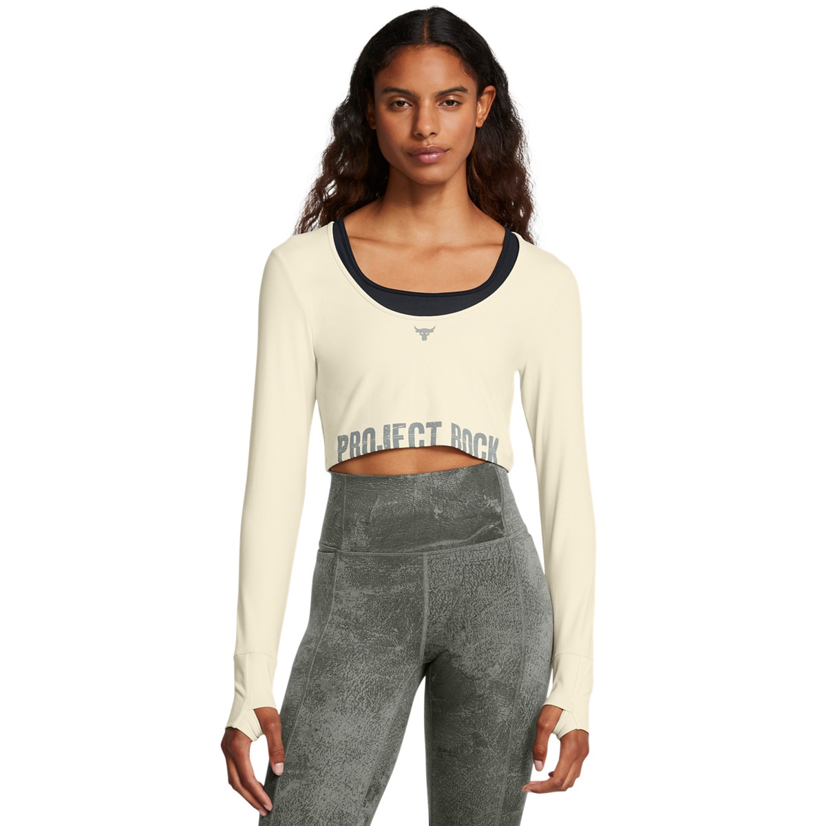 Damski longsleeve treningowy Under Armour Project Rock W Lg Ls Workout Top - beżowy - UNDER ARMOUR