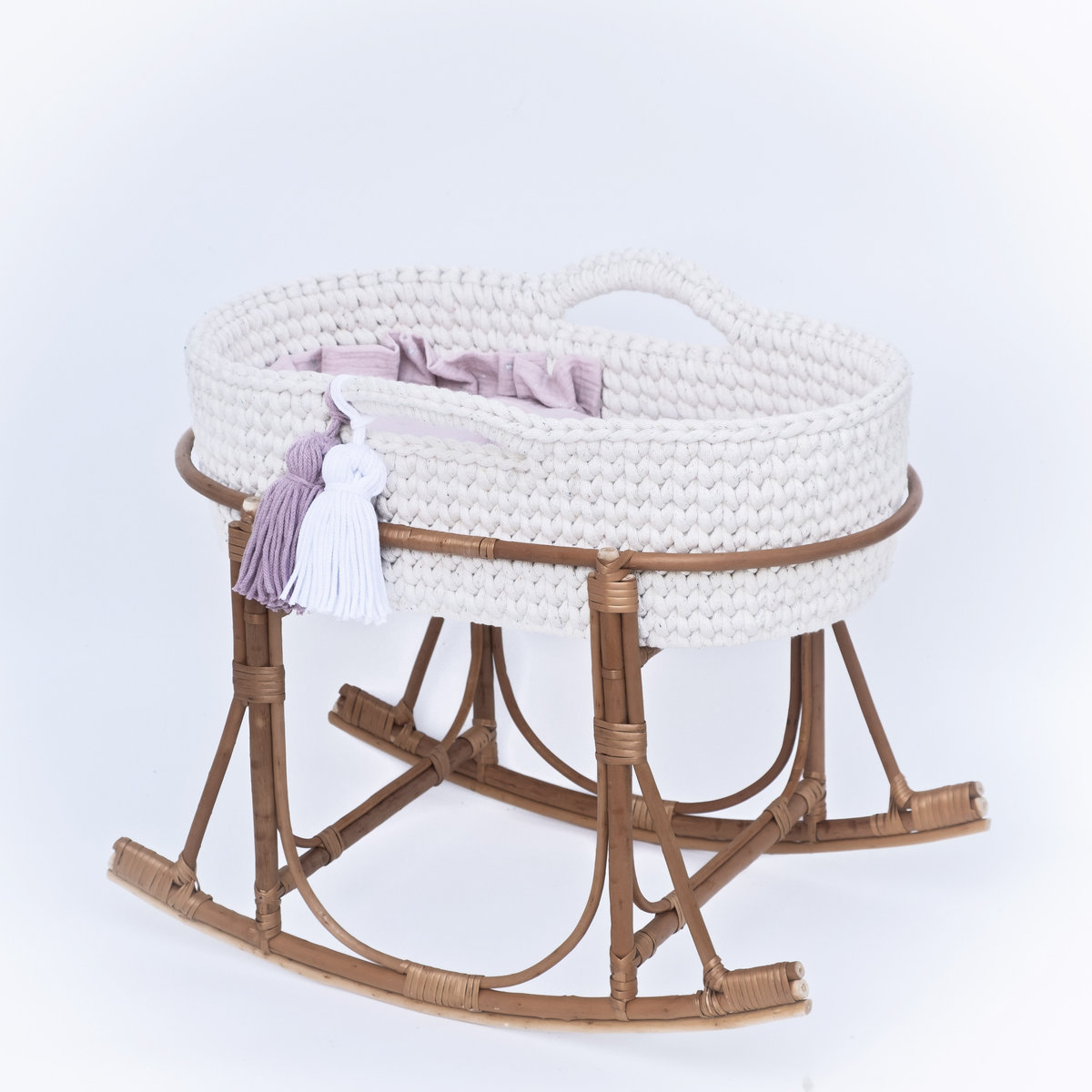 Kołyska dla lalki- Kosz Mojżesza (TĘCZOWY) z materacem, zestawem pościeli, frędzlami + WIKLINOWY bujak