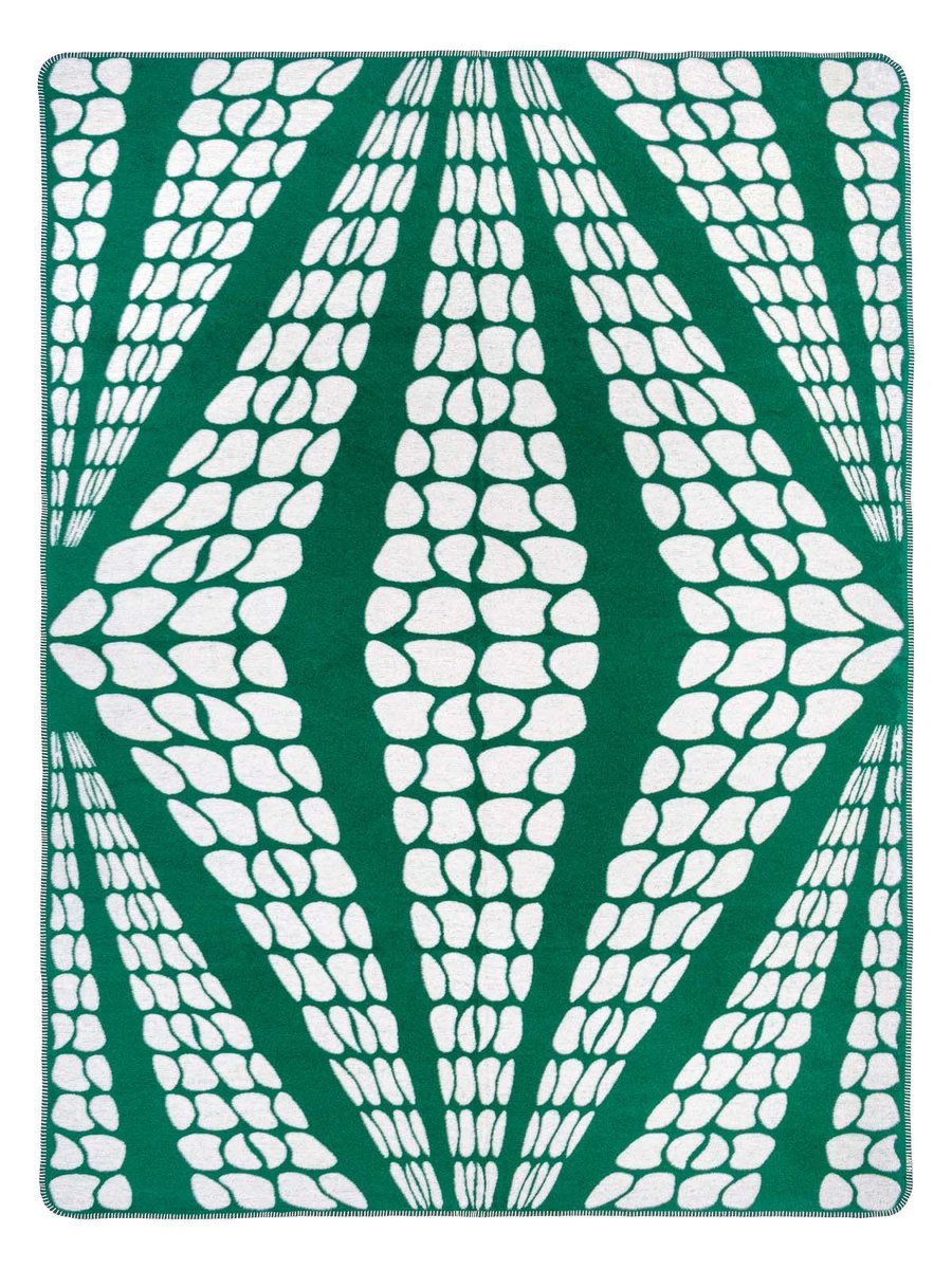 Koc bawełniano-akrylowy 150x200 biały zielony w geometryczne lilie
