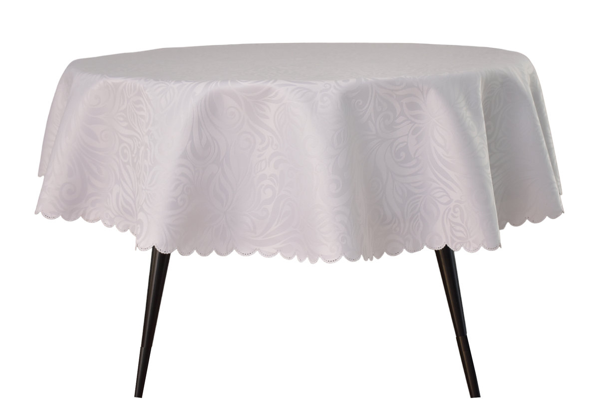 OBRUS BIAŁY PLAMOODPORNY OKRĄGŁY 130 CM BIAŁY KWIATY LIŚCIE KOŁO