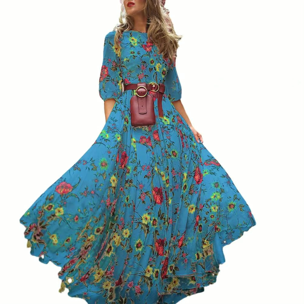 Długa sukienka boho z rękawem 3/4 w kwiatowy wzór - Niebieski