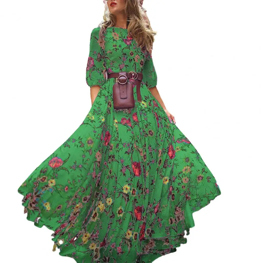 Długa sukienka boho z rękawem 3/4 w kwiatowy wzór - Zielony