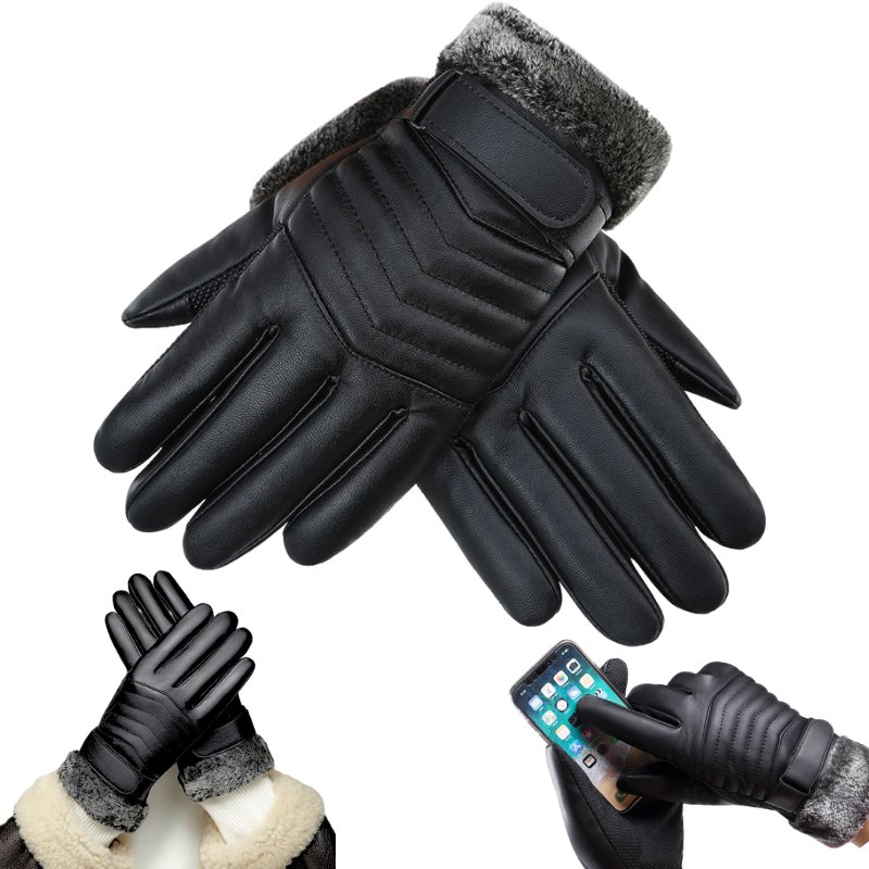 Rękawiczki Zimowe Męskie Dotykowe Ocieplane Antypoślizgowe Ekoskóra Czarne