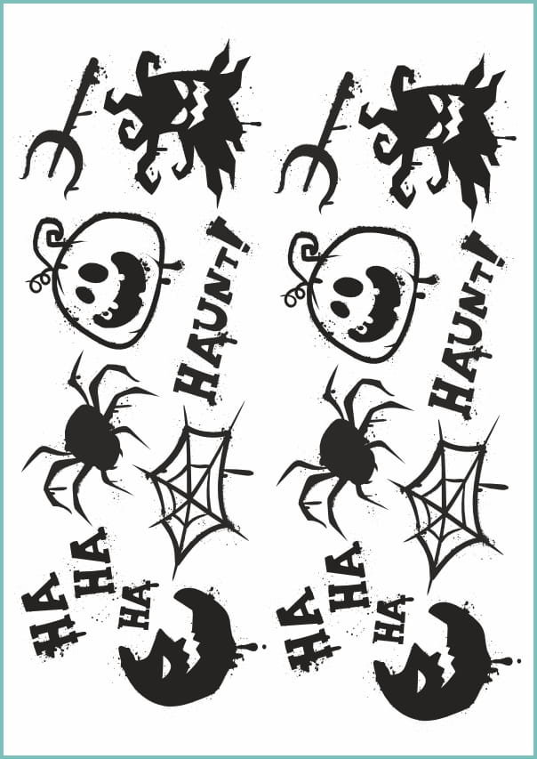 Tatuaże zmywalne tymczasowe wzory na Halloween pisane sprayem 02, arkusz A4