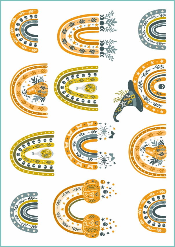 Tatuaże zmywalne tymczasowe halloween boho rainbows, arkusz A4