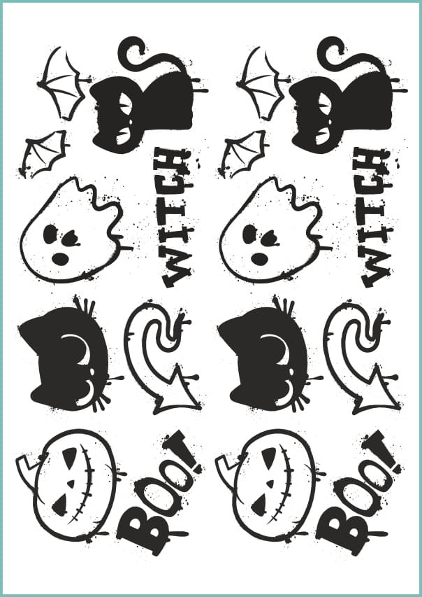 Tatuaże zmywalne tymczasowe wzory na Halloween pisane sprayem 01, arkusz A4