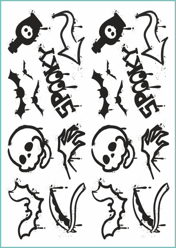 Tatuaże zmywalne tymczasowe wzory na Halloween pisane sprayem, arkusz A4