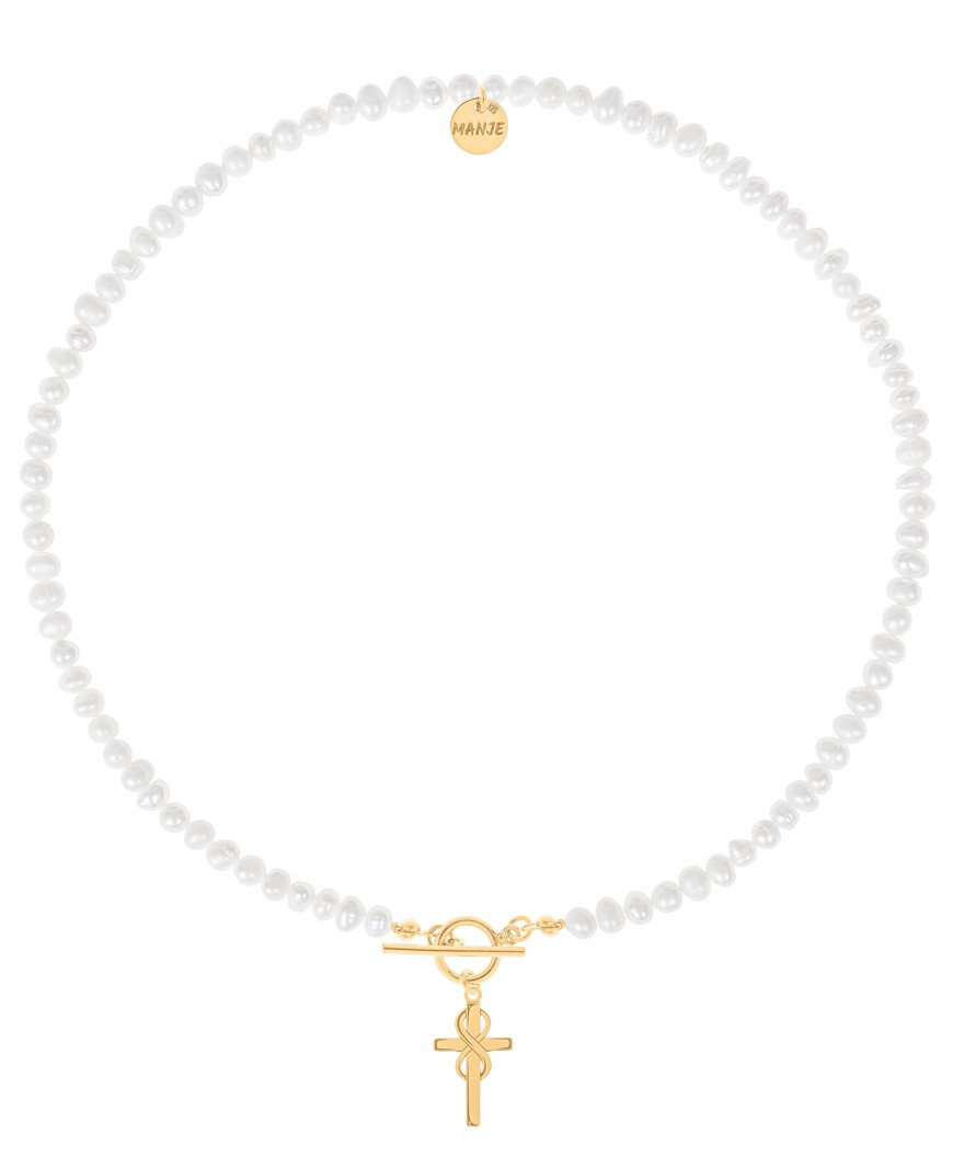 Naszyjnik z pereł z pozłacanym krzyżem i nieskończonością 45 cm