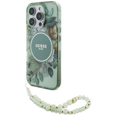 Etui GUESS IML Flowers With Pearl Strap MagSafe do Apple iPhone 16 Pro Zielony | Bezpłatny transport