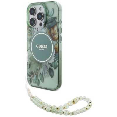 Etui GUESS IML Flowers With Pearl Strap MagSafe do Apple iPhone 16 Pro Max Zielony | Bezpłatny transport