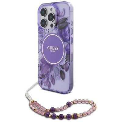 Etui GUESS IML Flowers With Pearl Strap MagSafe do Apple iPhone 16 Pro Max Fioletowy | Bezpłatny transport