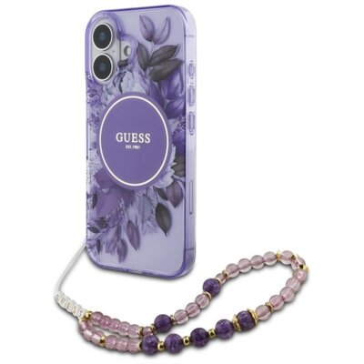 Etui GUESS IML Flowers With Pearl Strap MagSafe do Apple iPhone 16 Plus Fioletowy | Bezpłatny transport
