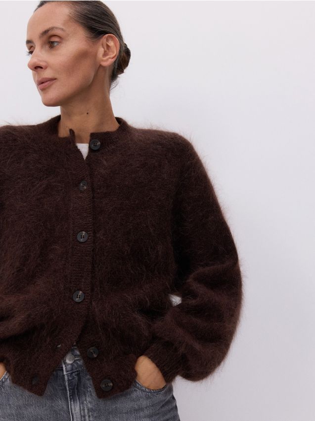 Reserved - Kardigan z wełną z alpaki - ciemnobrązowy