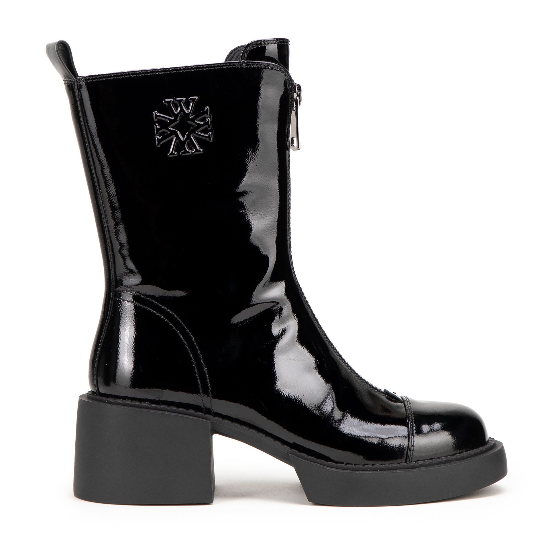 Damskie botki skórzane z monogramem czarno - srebrne
