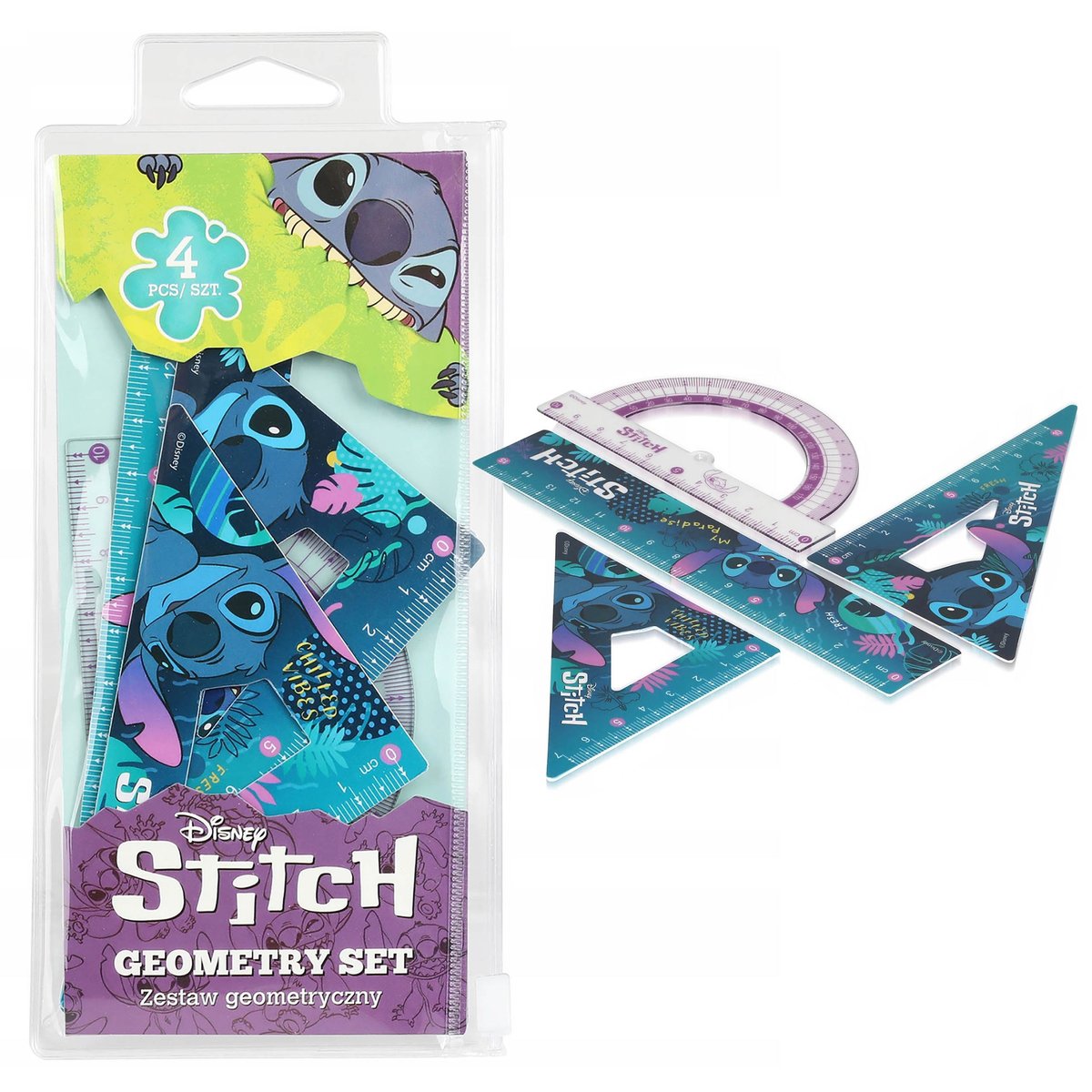 DISNEY Stitch Zestaw przyborów szkolnych, przybory geometryczne 4 elementy
