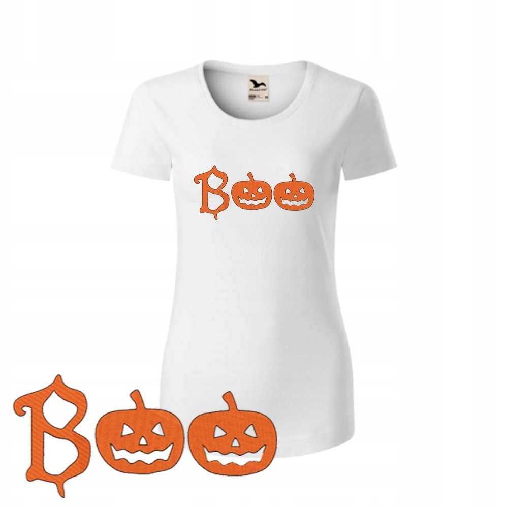 T-SHIRT DAMSKI NA HALLOWEEN BOO BIAŁA S KRÓTKI RĘKAW HAFT PREZENT KOBIETA