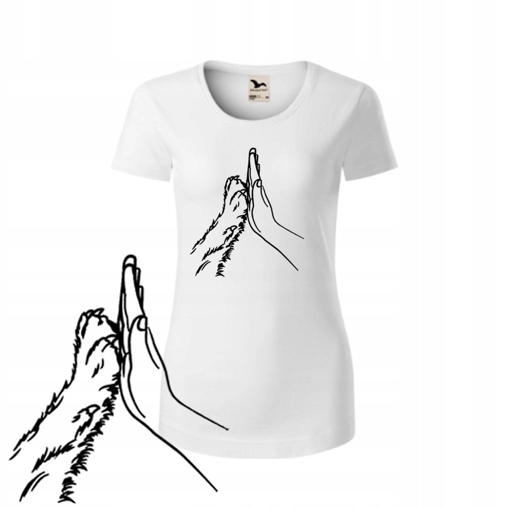 T-SHIRT ŁAPKA PSA DŁOŃ CZŁOWIEKA DAMSKA XXL BIAŁA KRÓTKI RĘKAW HAFT