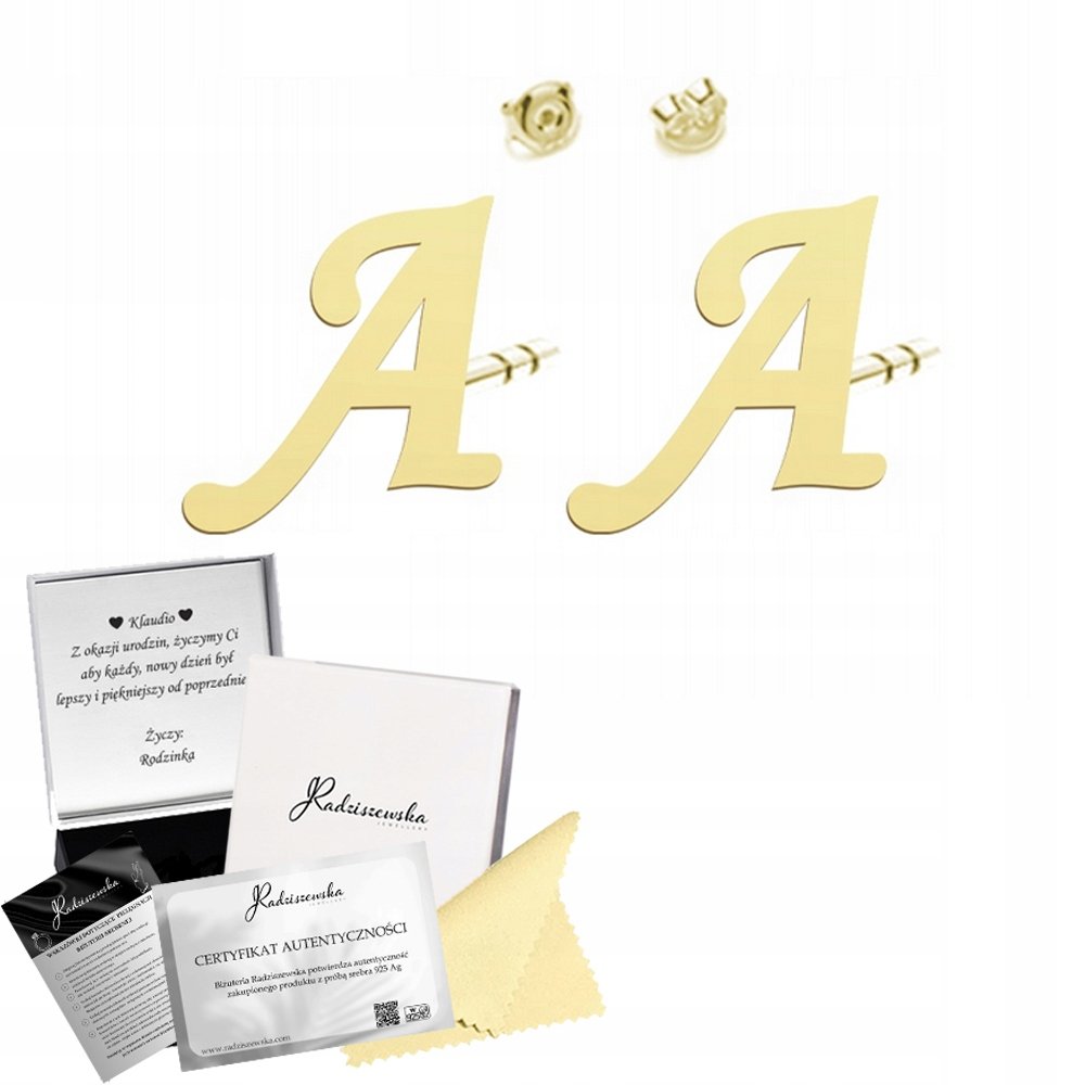 Złote Kolczyki z Literą Sztyfty SREBRO 925 Damskie Prezent ŻYCZENIA GRATIS