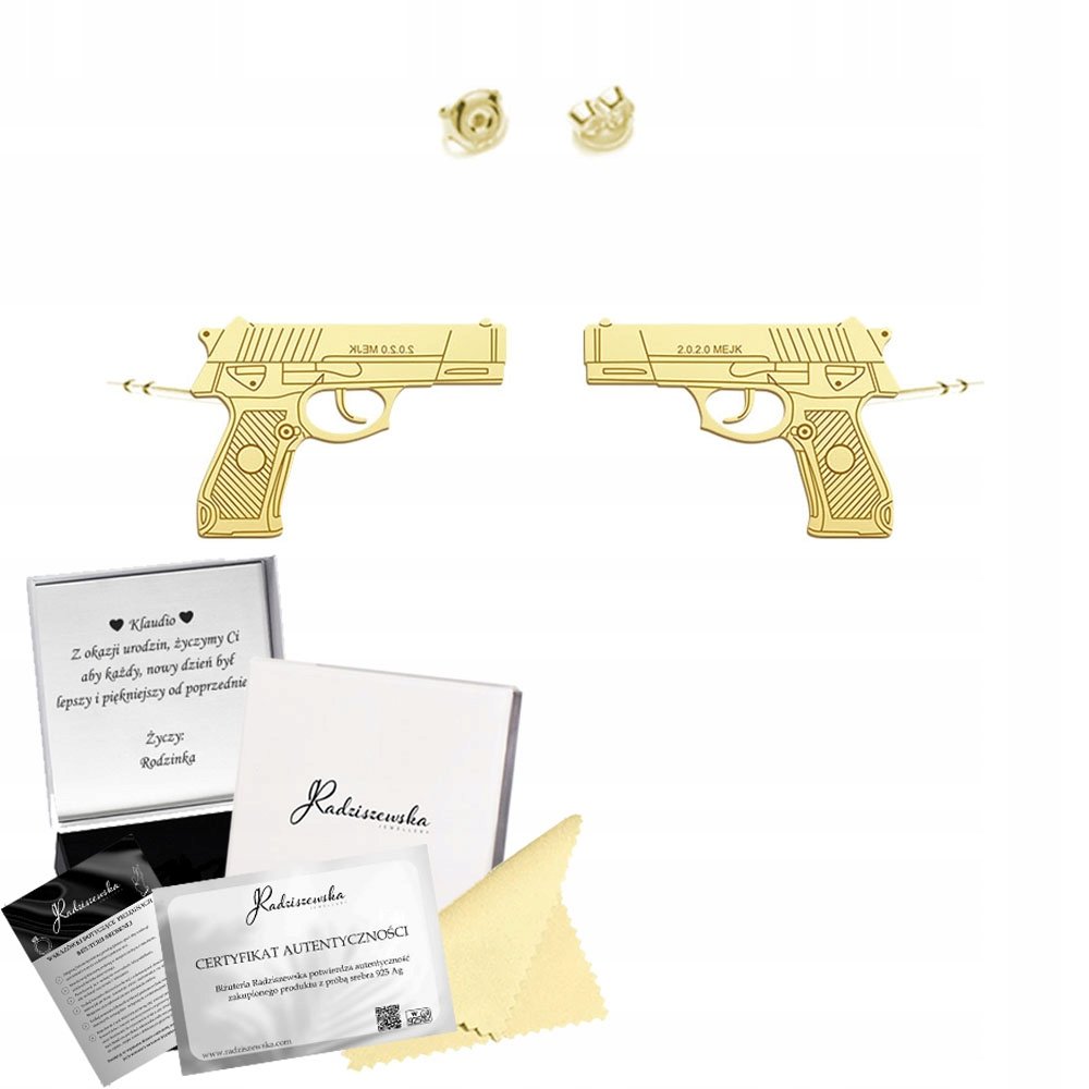 Kolczyki Złote z Pistoletem Pistolet SREBRO 925 Prezent DEDYKACJA GRATIS