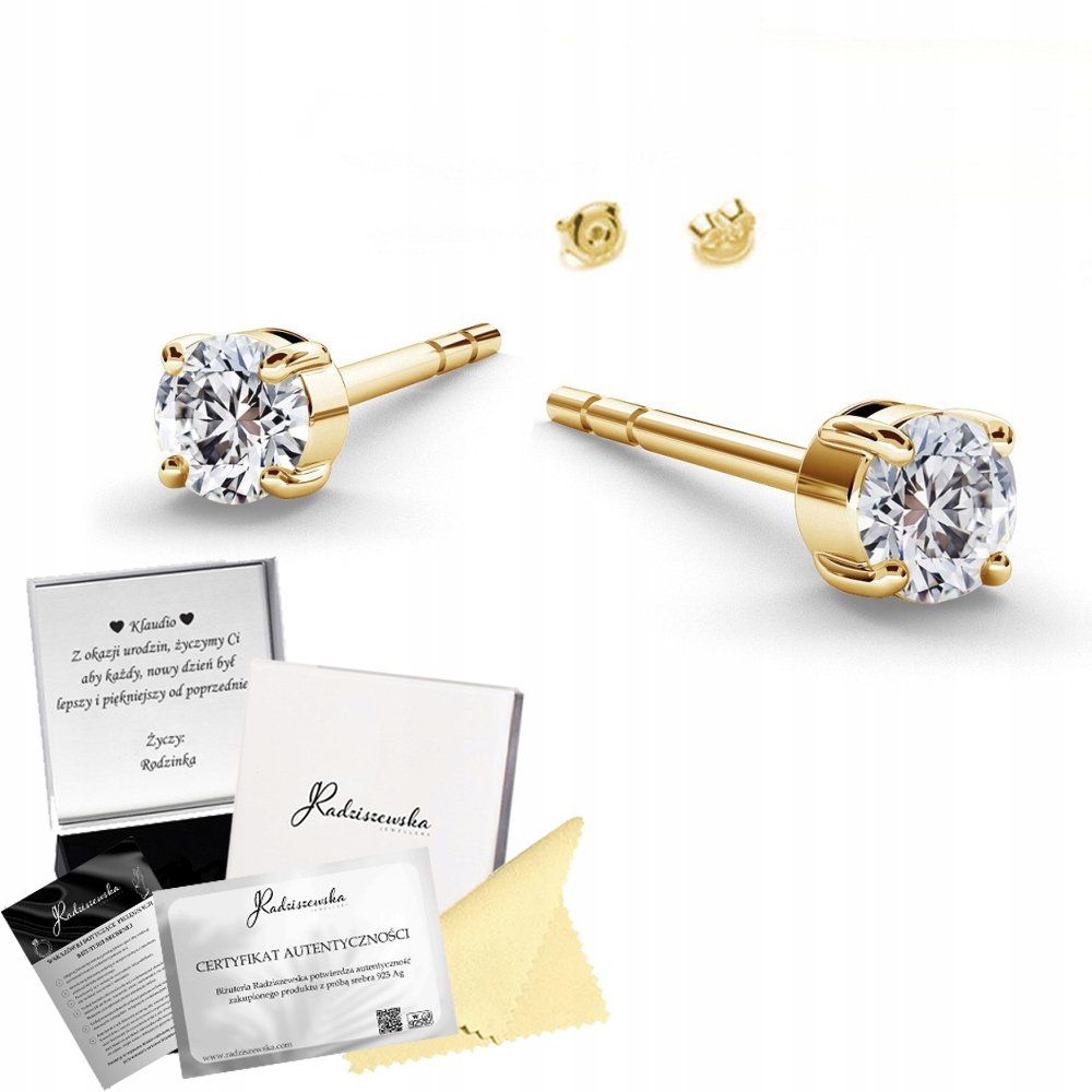 Kolczyki Złote Cyrkonie Wkrętki 925 Dedykacja Biżuteria Prezent Kobieta