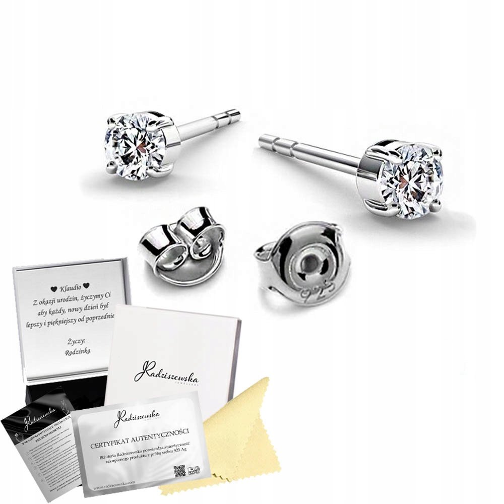 Kolczyki Srebrne z Cyrkoniami 925 Sztyfty Prezent DEDYKACJA GRATIS