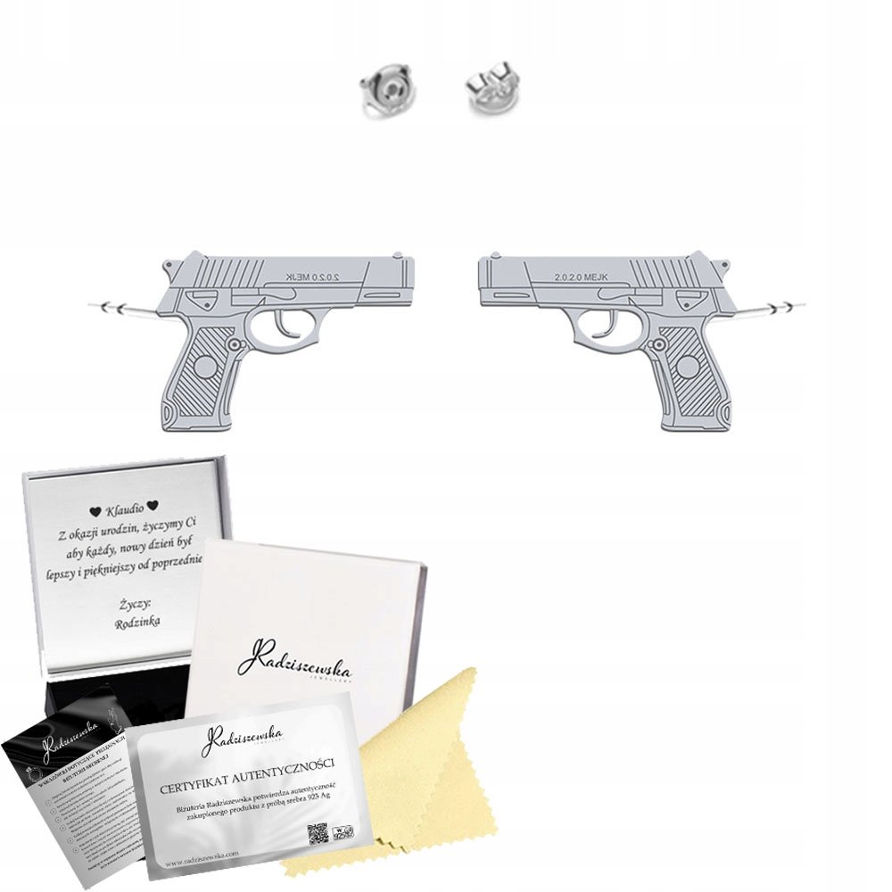 Kolczyki Srebrne PISTOLET Sztyfty 925 Prezent Biżuteria DEDYKACJA GRATIS
