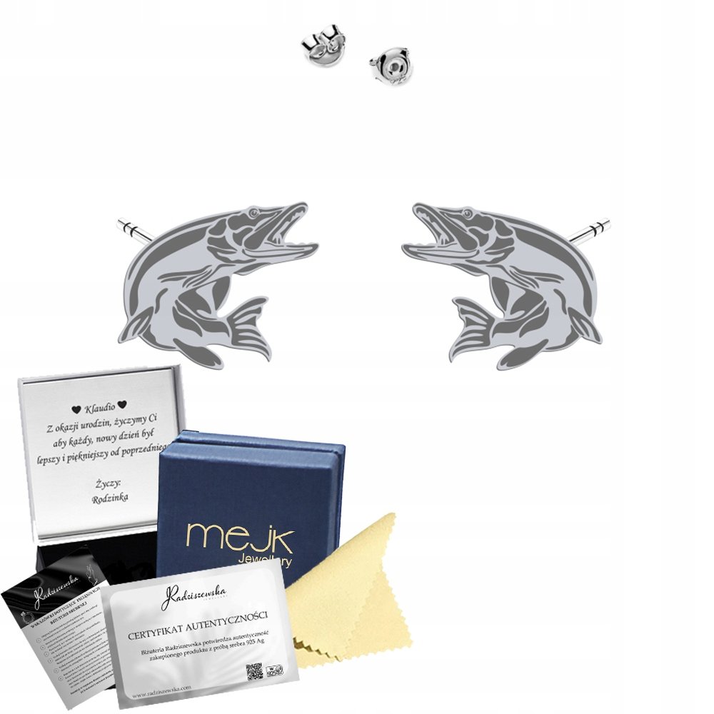Kolczyki Srebrne Szczupak Wkrętki SREBRO 925 Dedykacja Prezent Biżuteria