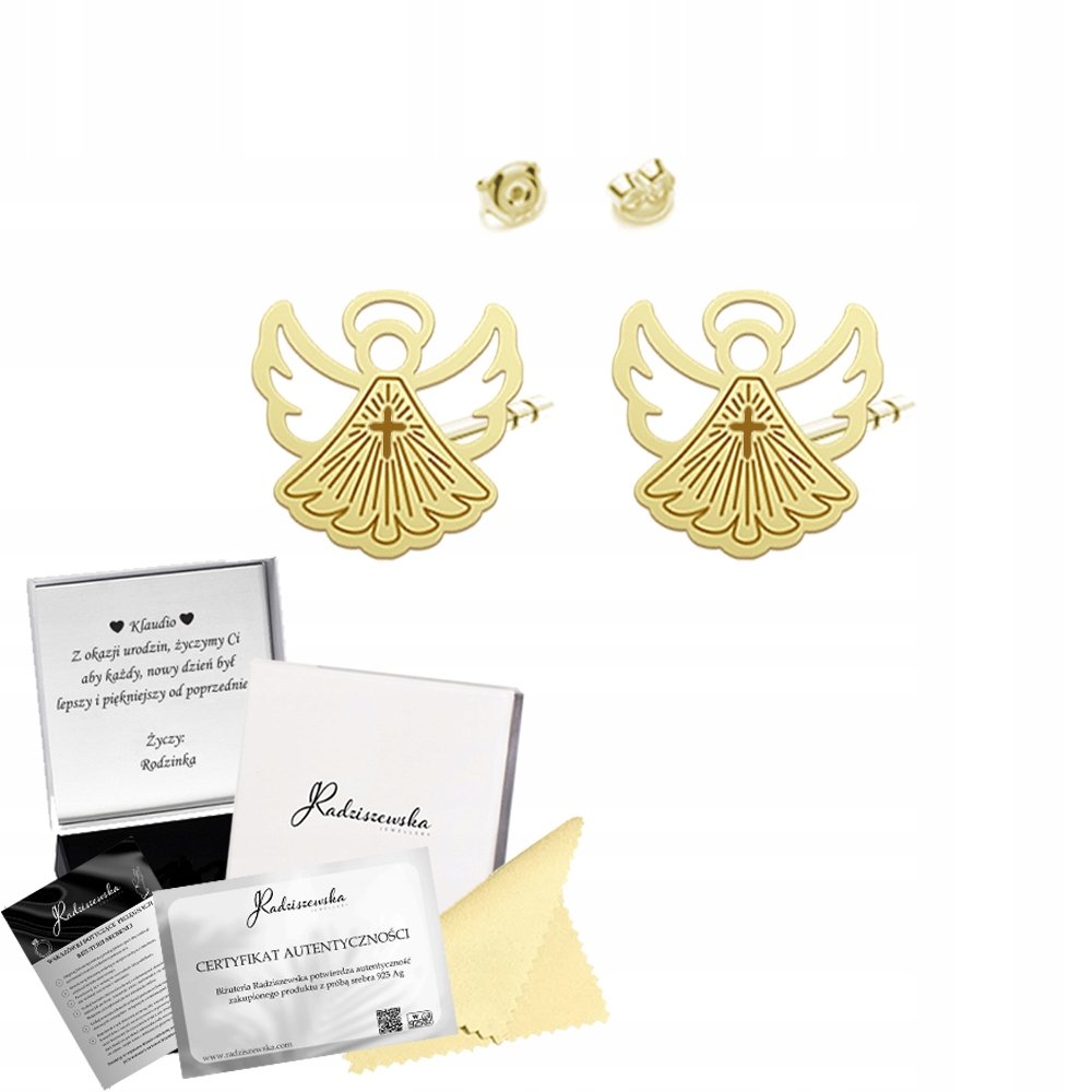 Złote Kolczyki z Aniołem Aniołki 925 Prezent I Komunia Święta ŻYCZENIA