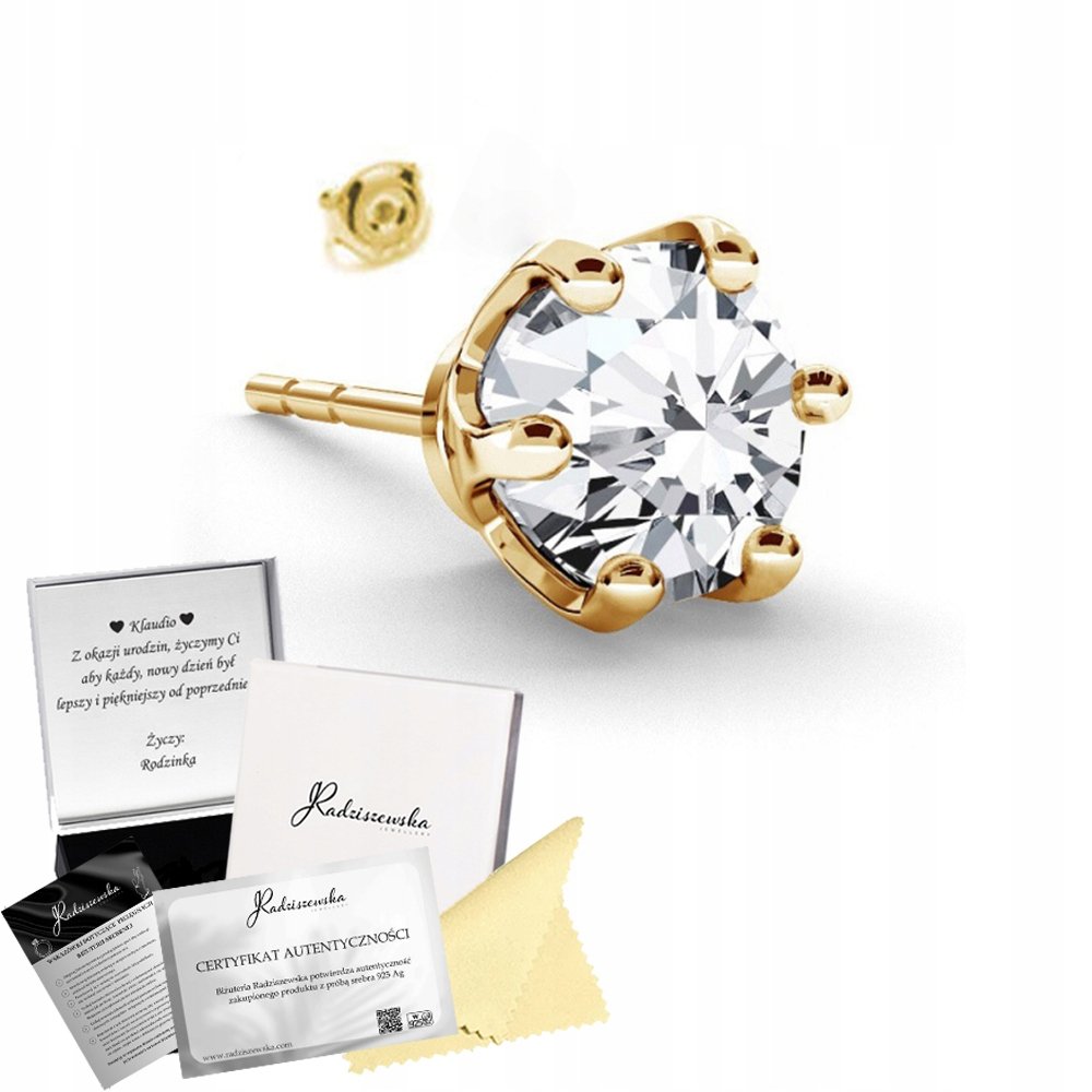 Kolczyk Złoty Męski Cyrkonia 6mm SREBRO 925 Prezent DEDYKACJA GRATIS