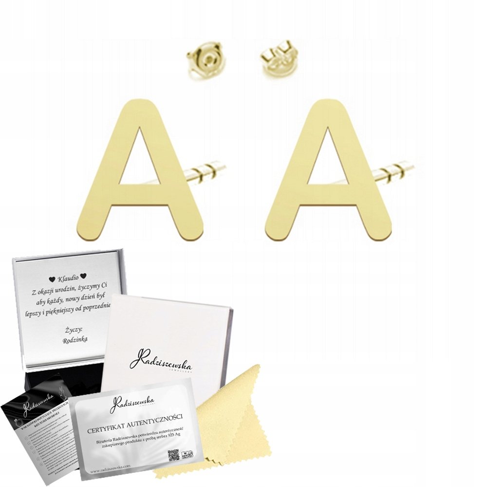 Kolczyki Złote z Literą Sztyfty SREBRO 925 Damskie Prezent ŻYCZENIA GRATIS