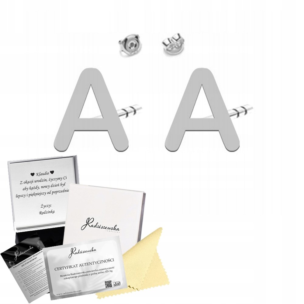 Kolczyki z Literą SREBRO 925 Sztyfty Damskie Prezent ŻYCZENIA GRATIS
