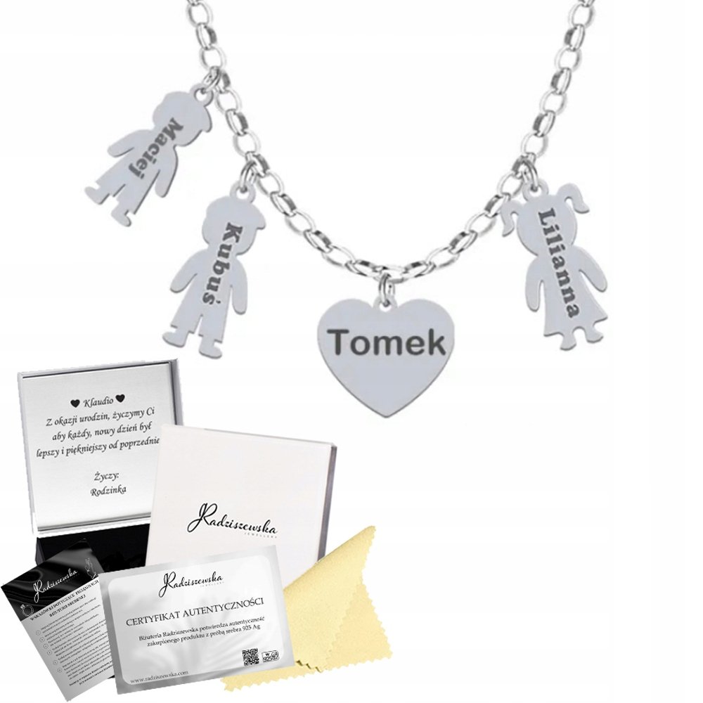 Personalizowany Naszyjnik Srebrny Serce Dzieci Imię Dziecka 925 Dzień Matki