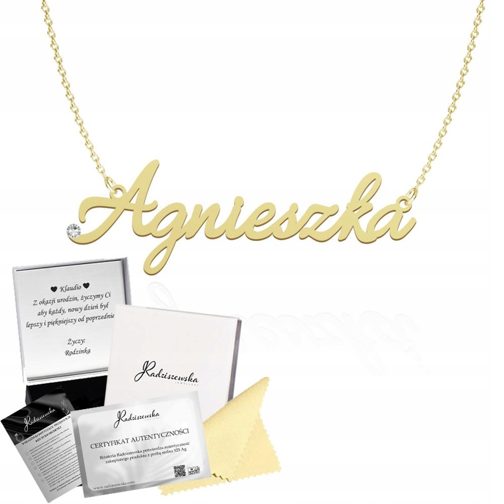 Złoty Naszyjnik z imieniem AGNIESZKA Łańcuszek SREBRO 925 DEDYKACJA GRATIS