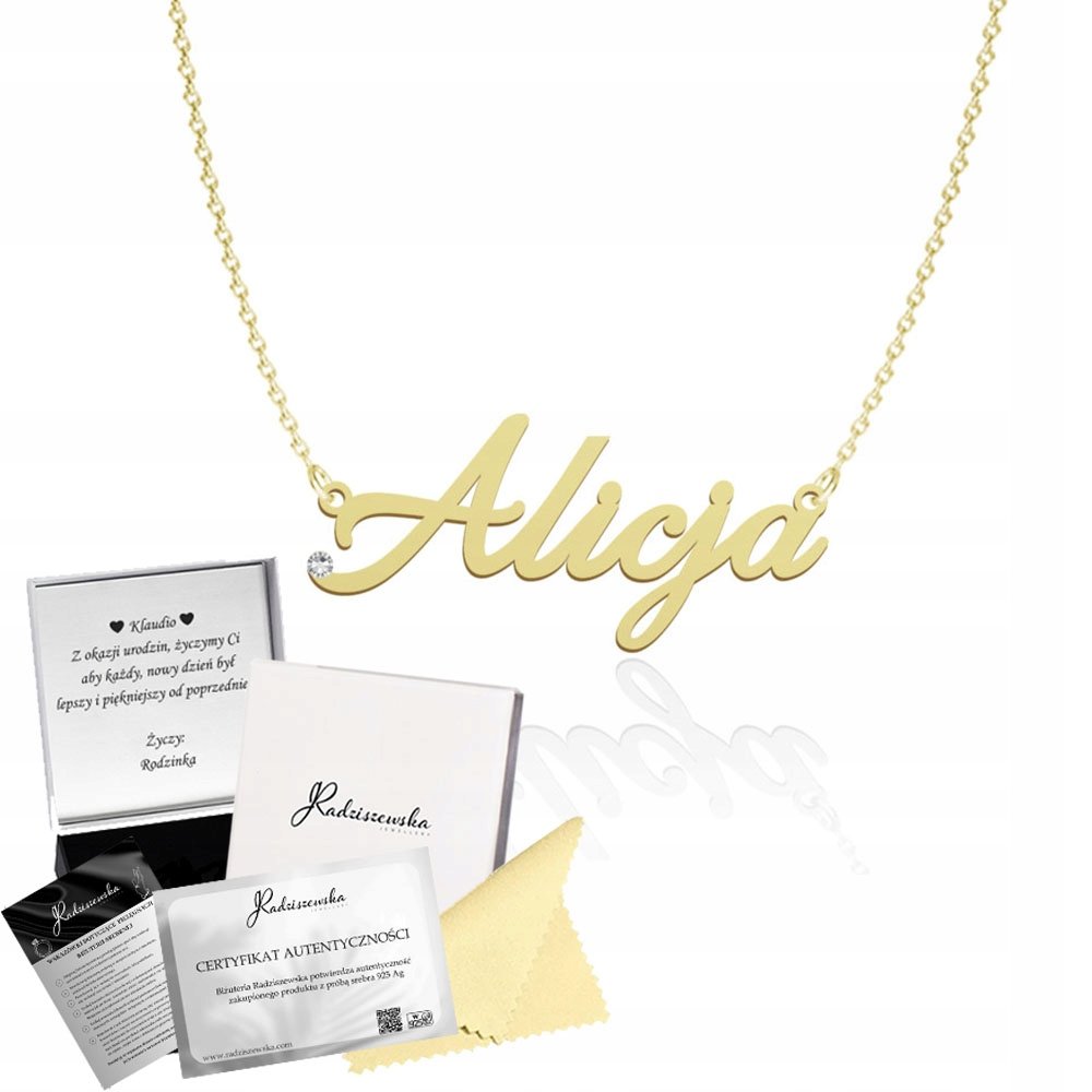 Złoty Naszyjnik z Imieniem ALICJA Łańcuszek SREBRO 925 DEDYKACJA GRATIS