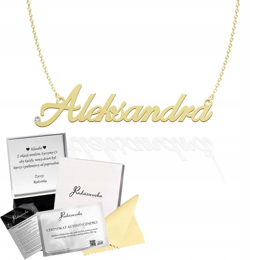 Złoty Naszyjnik z imieniem ALEKSANDRA Łańcuszek SREBRO 925 DEDYKACJA GRATIS
