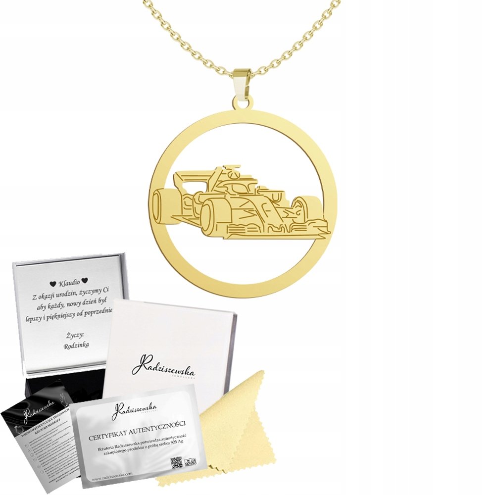 Złoty Naszyjnik Bolid Formuła 1 Łańcuszek Prezent 925 GRAWER GRATIS