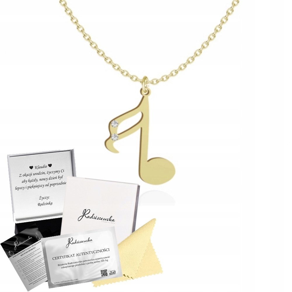 ZŁOTY NASZYJNIK NUTKA NUTA ŁAŃCUSZEK SREBRO 925 PREZENT ŻYCZENIA GRATIS