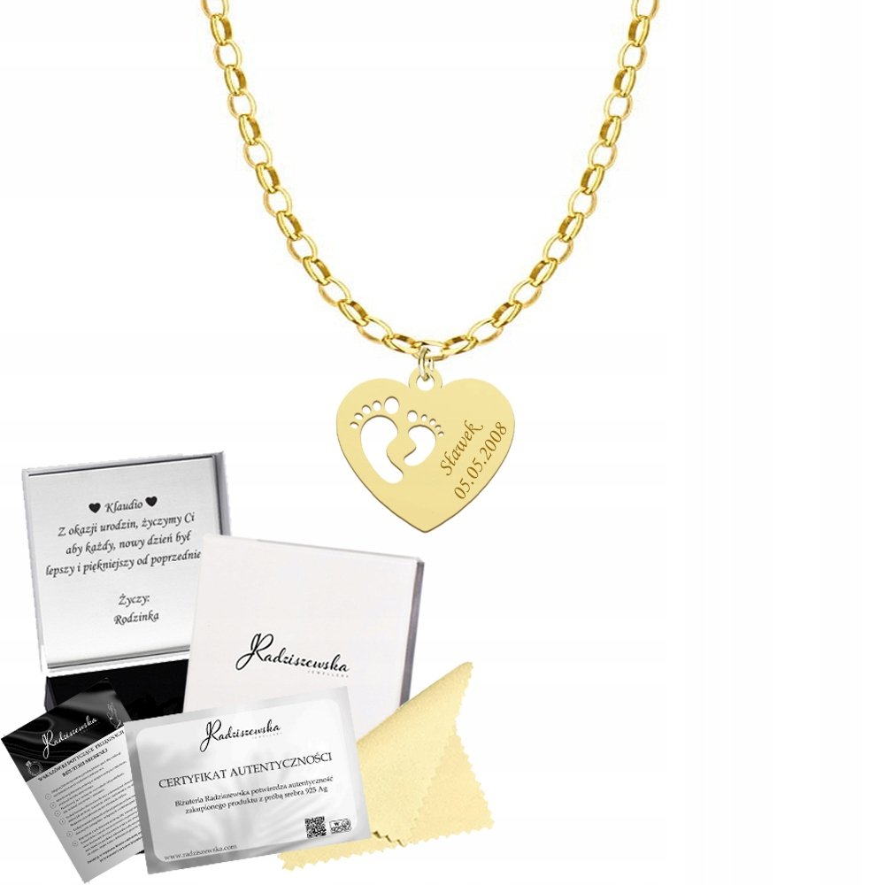 Naszyjnik Złoty SERCE STÓPKI z Grawerem Łańcuszek Prezent srebro 925